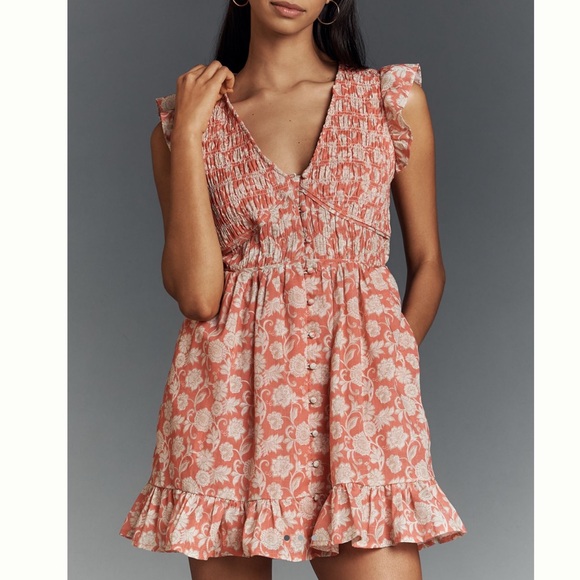 Anthropologie Dresses & Skirts - Anthropologie Peregrine Mini Dress Sleeveless V-Neck Smocked New 2X Coral Floral
